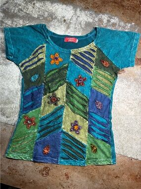 Vintage Laxman’s Collection Patchwork Fairy Grunge Boho Baby Tee Size s/m